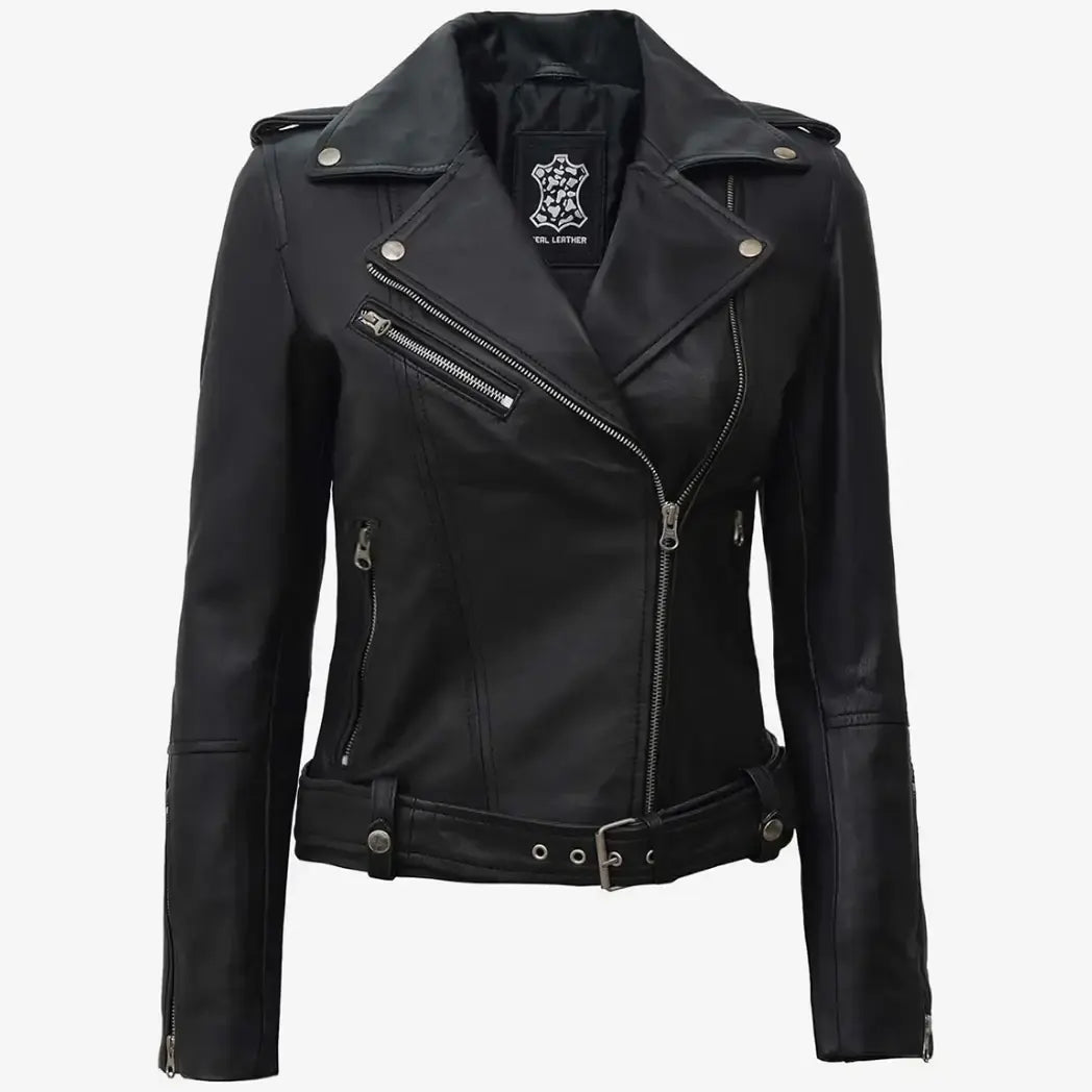 Sowachi Women's Black Biker Style Leather Jacket With Belt