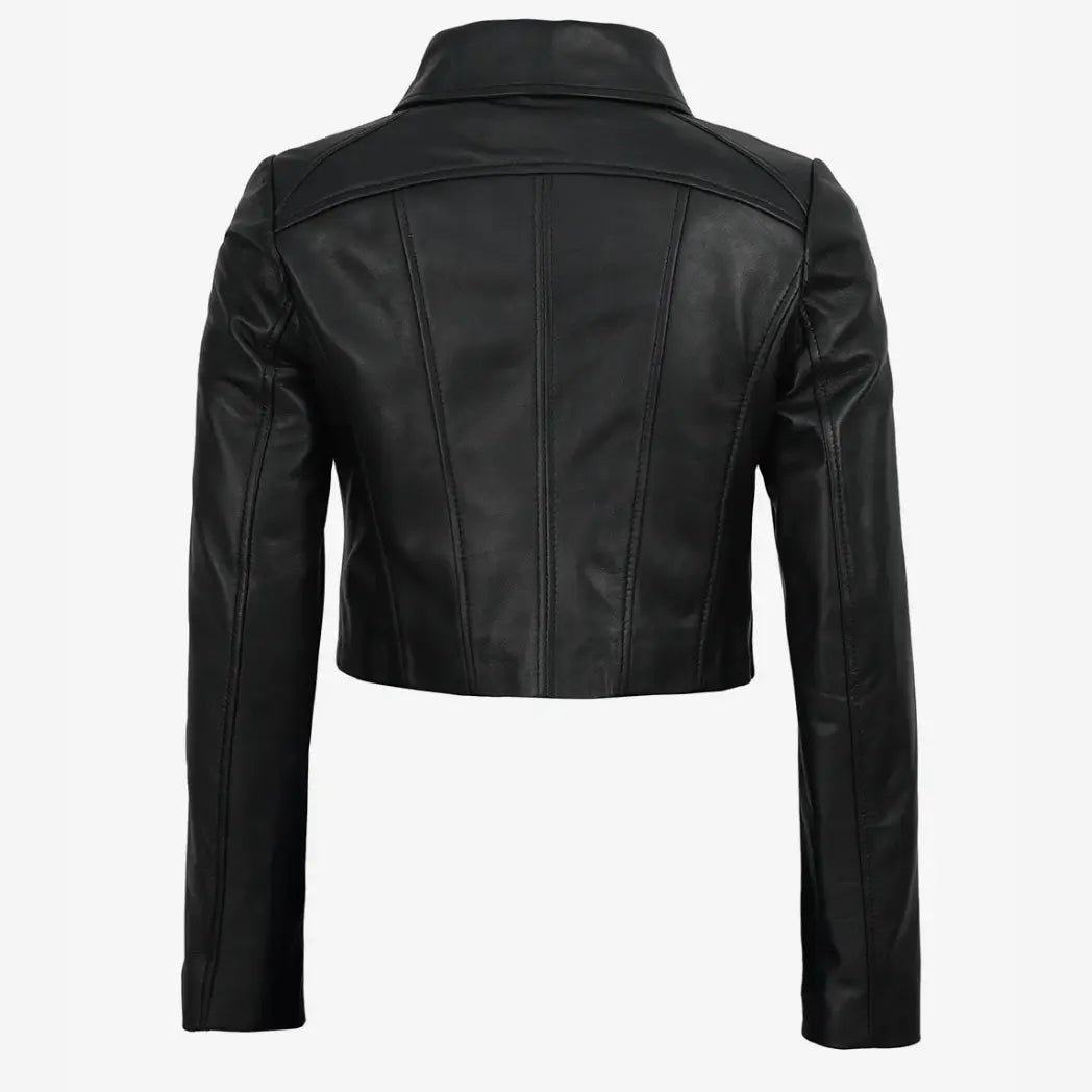 Sowachi Women's Black Cropped Leather Jacket with Shirt Collar