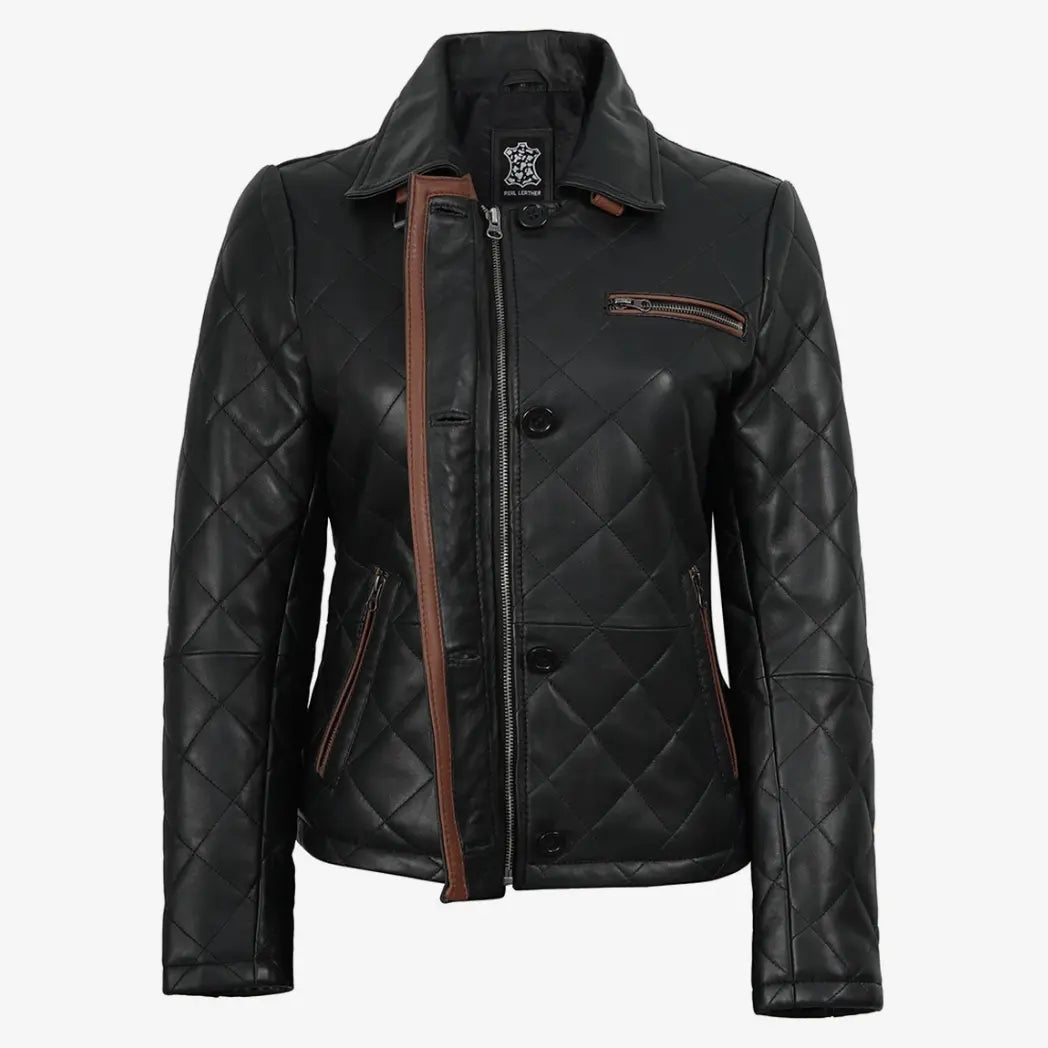 Sowachi Women's Black Diamond Quilted Leather Jacket with Brown Trim