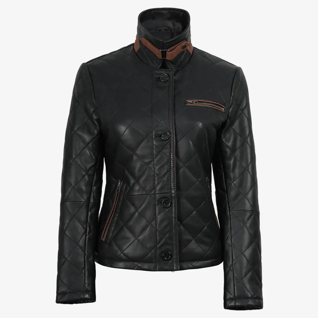 Sowachi Women's Black Diamond Quilted Leather Jacket with Brown Trim