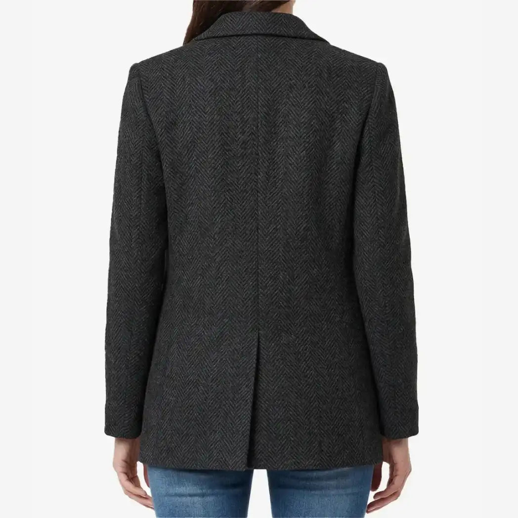 Sowachi Women's Black Double Breasted Herringbone Wool Blazer