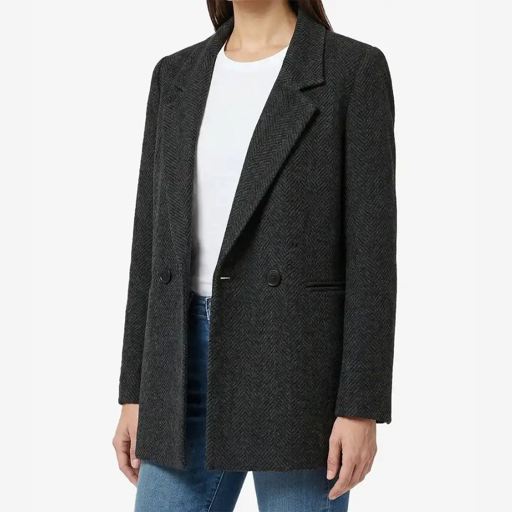 Sowachi Women's Black Double Breasted Herringbone Wool Blazer