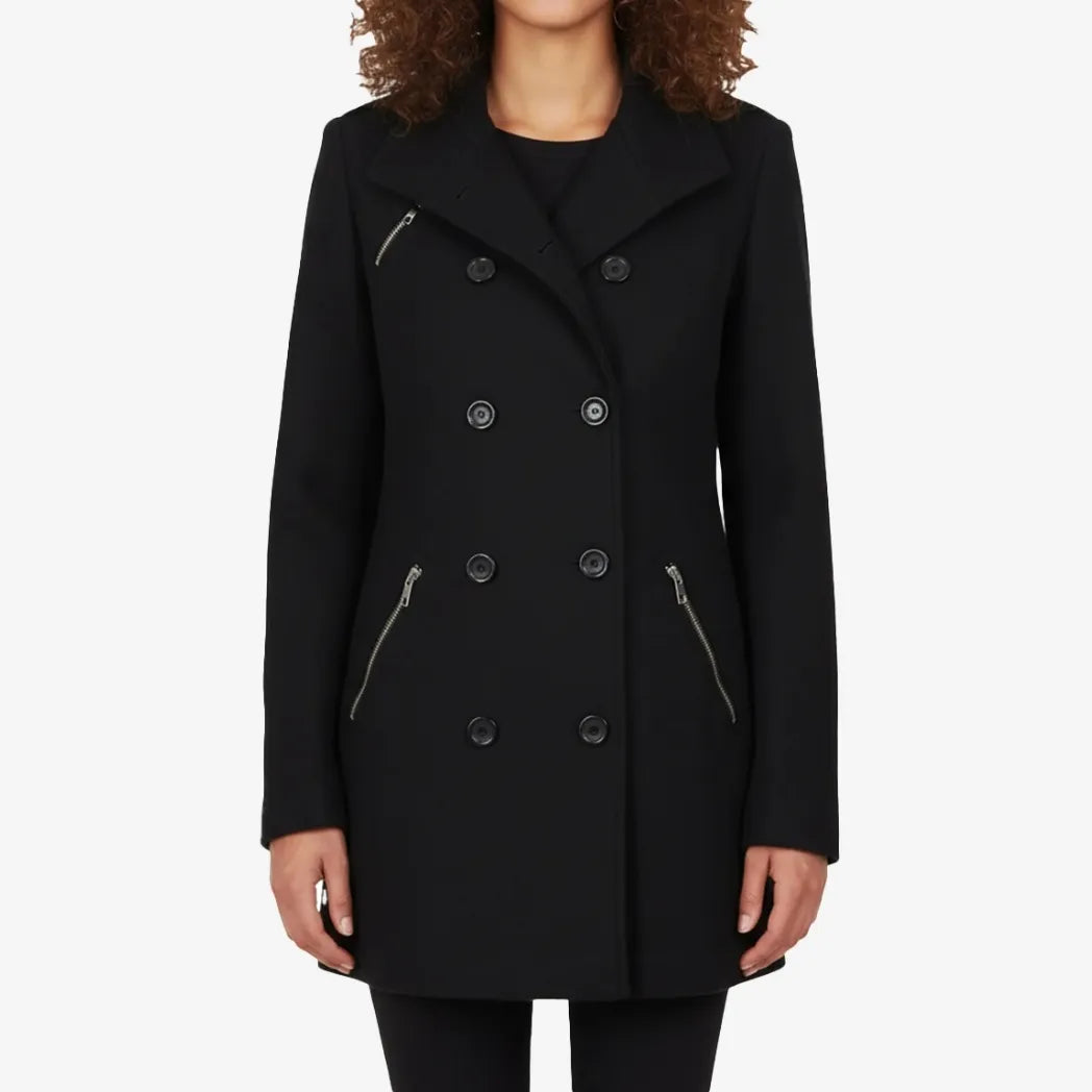 Sowachi Women's Black Double Breasted Wool Peacoat