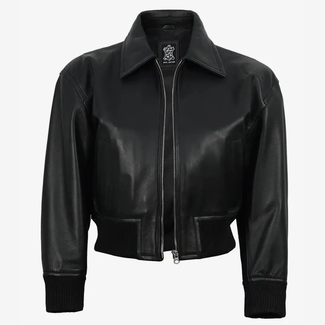Sowachi Women's Black Leather Cropped Style Bomber Jacket