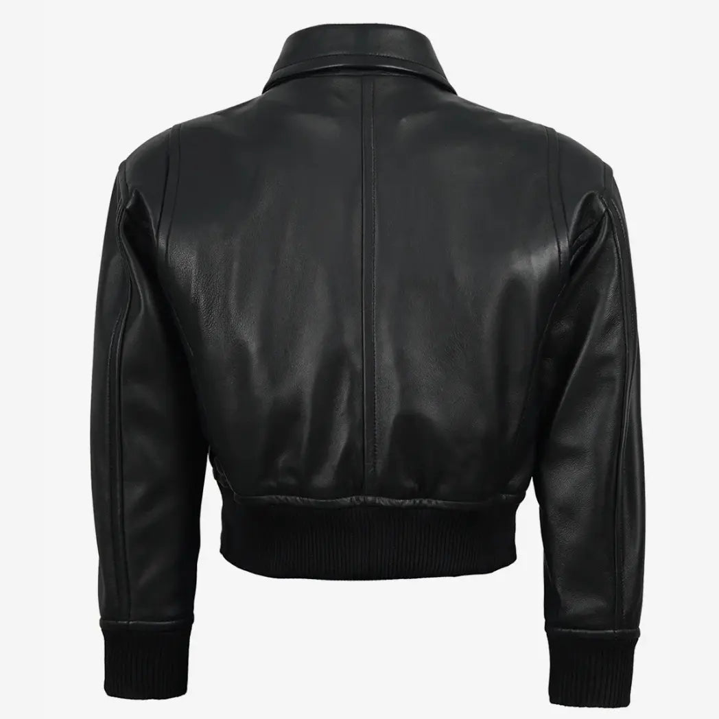 Sowachi Women's Black Leather Cropped Style Bomber Jacket