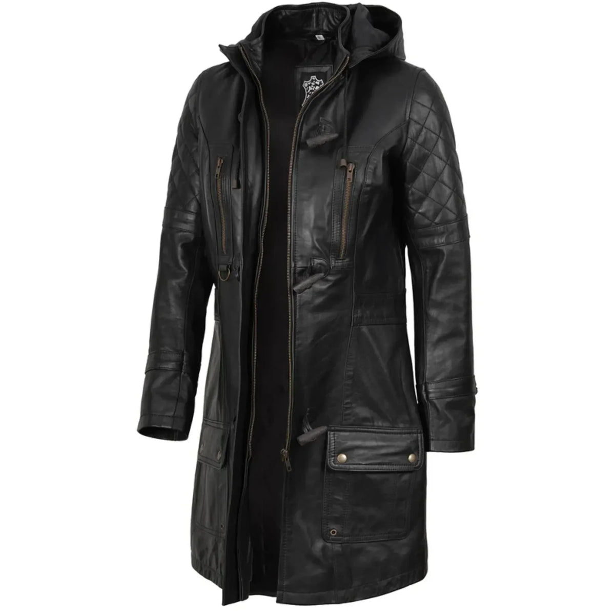 Sowachi Zelvanna - Women's Black Quilted Leather Coat with Detachable Hood