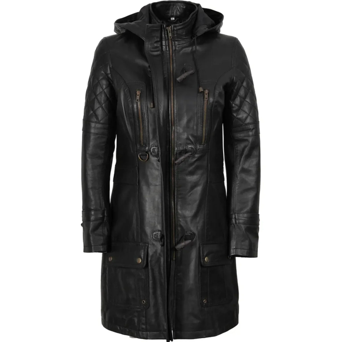 Sowachi Zelvanna - Women's Black Quilted Leather Coat with Detachable Hood