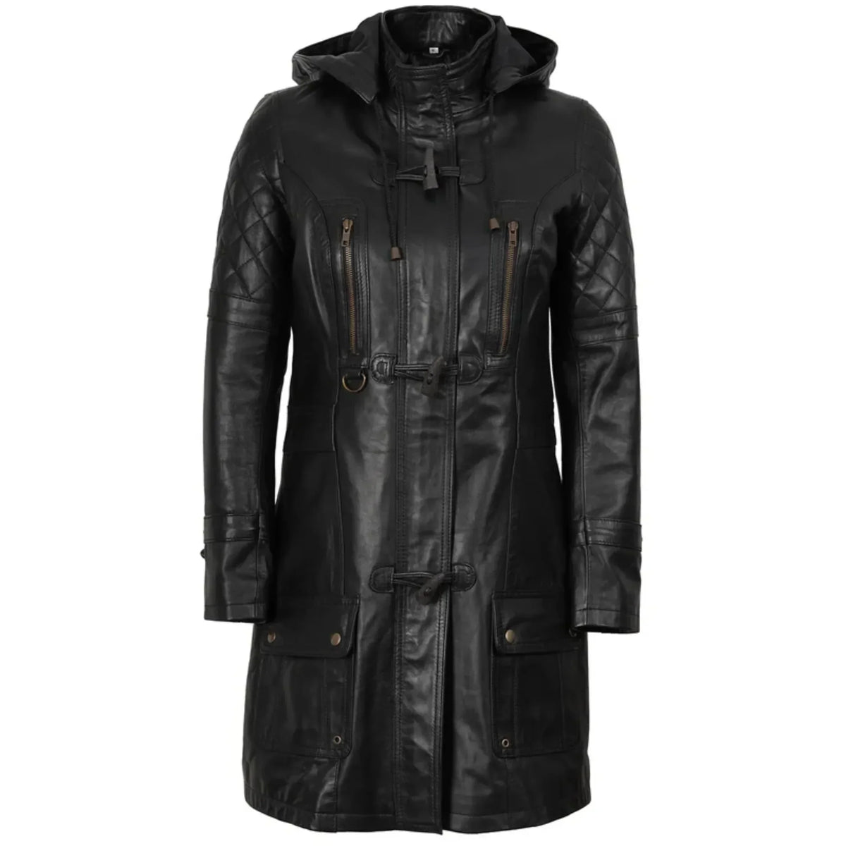 Sowachi Zelvanna - Women's Black Quilted Leather Coat with Detachable Hood