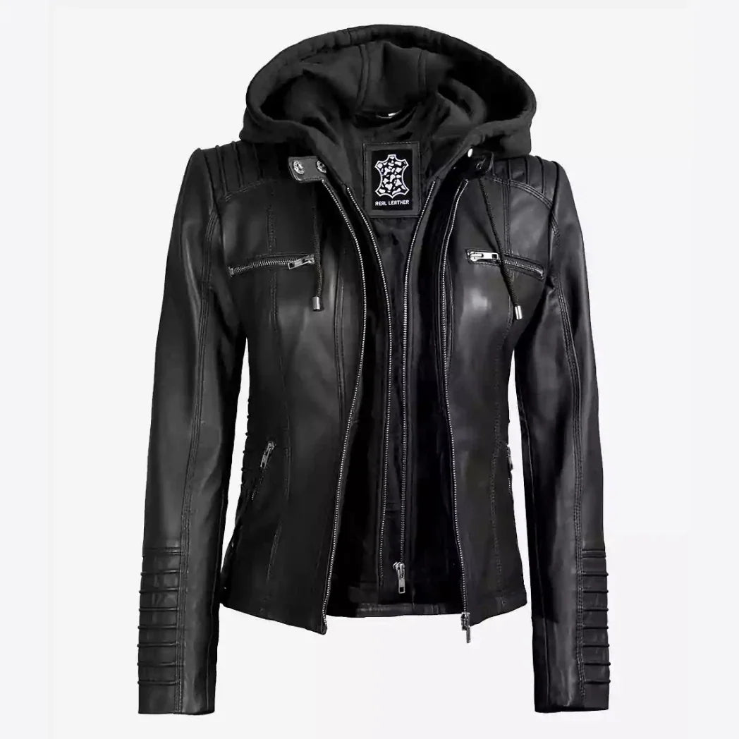 Sowachi Women's Black Real Lambskin Leather Jacket with Removable Hood