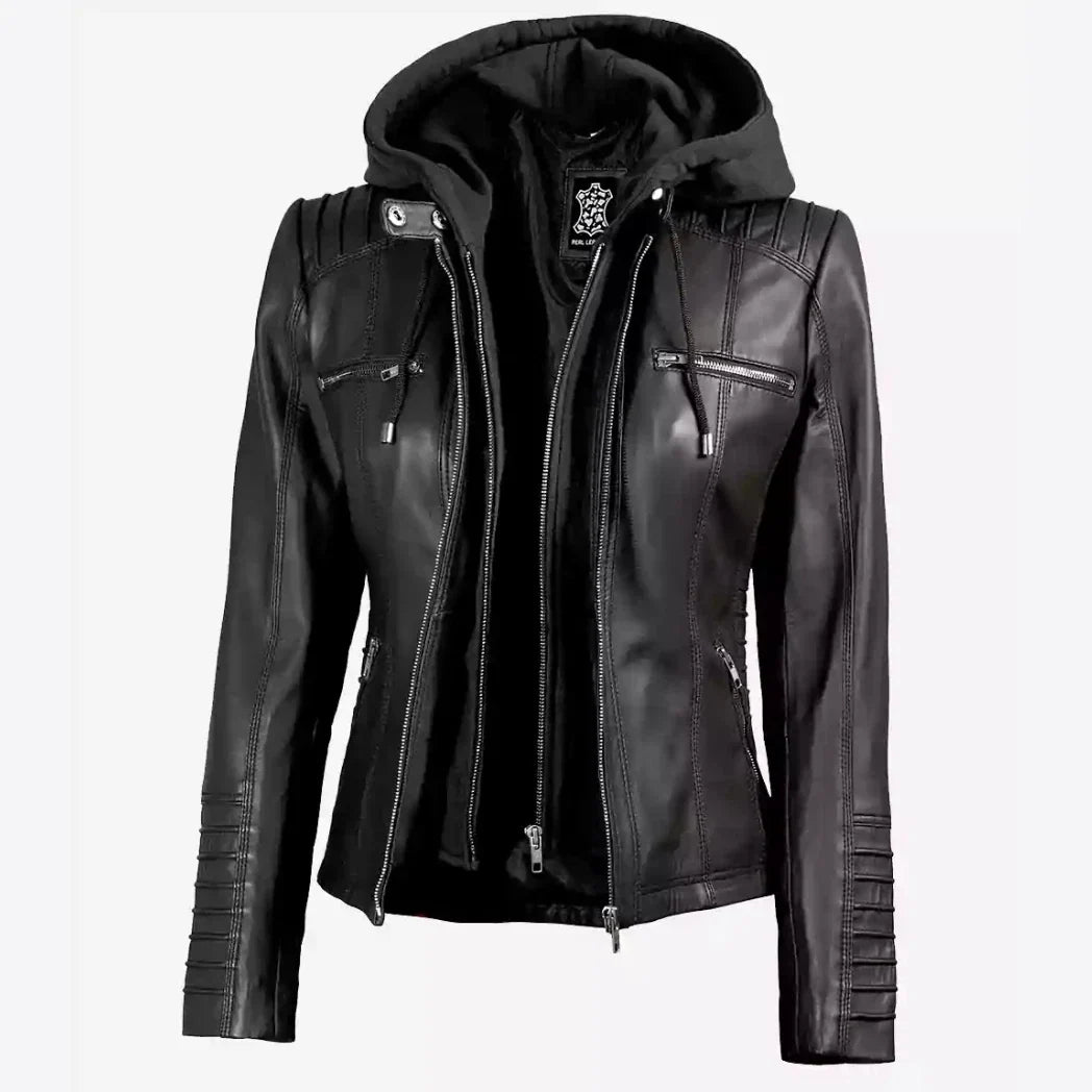 Sowachi Women's Black Real Lambskin Leather Jacket with Removable Hood