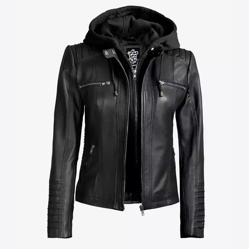 Sowachi Women's Black Real Lambskin Leather Jacket with Removable Hood