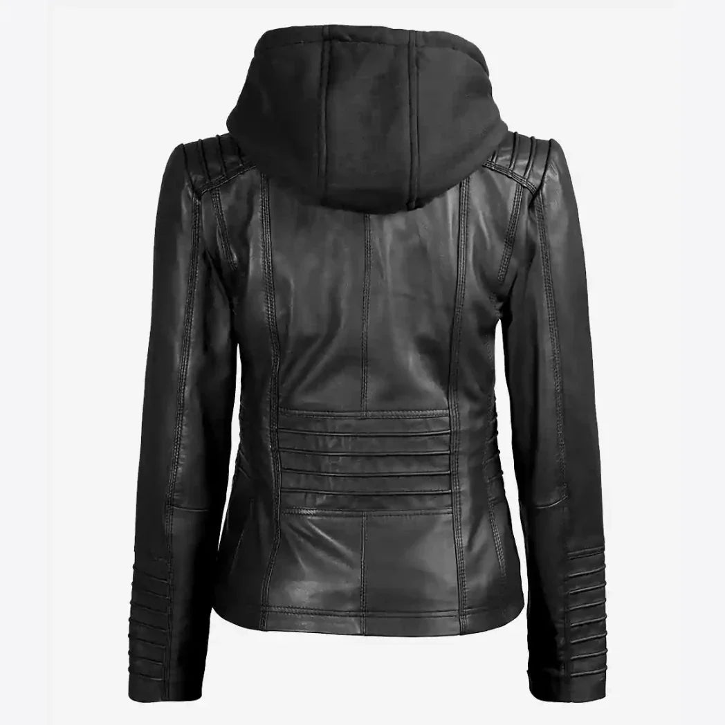 Sowachi Women's Black Real Lambskin Leather Jacket with Removable Hood