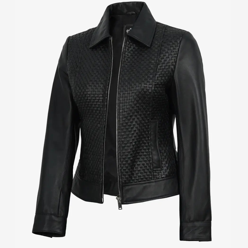 Sowachi Women's Black Shirt Collar Harrington Leather Jacket