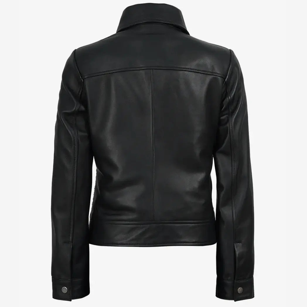 Sowachi Women's Black Shirt Collar Harrington Leather Jacket