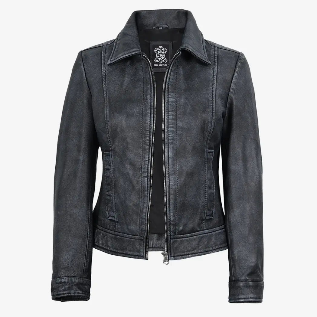 Sowachi Women’s Black Washed Harrington Leather Jacket