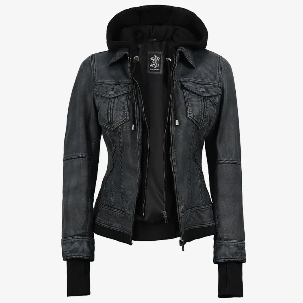 Sowachi Women's Black Washed Leather Jacket with Removable Hood