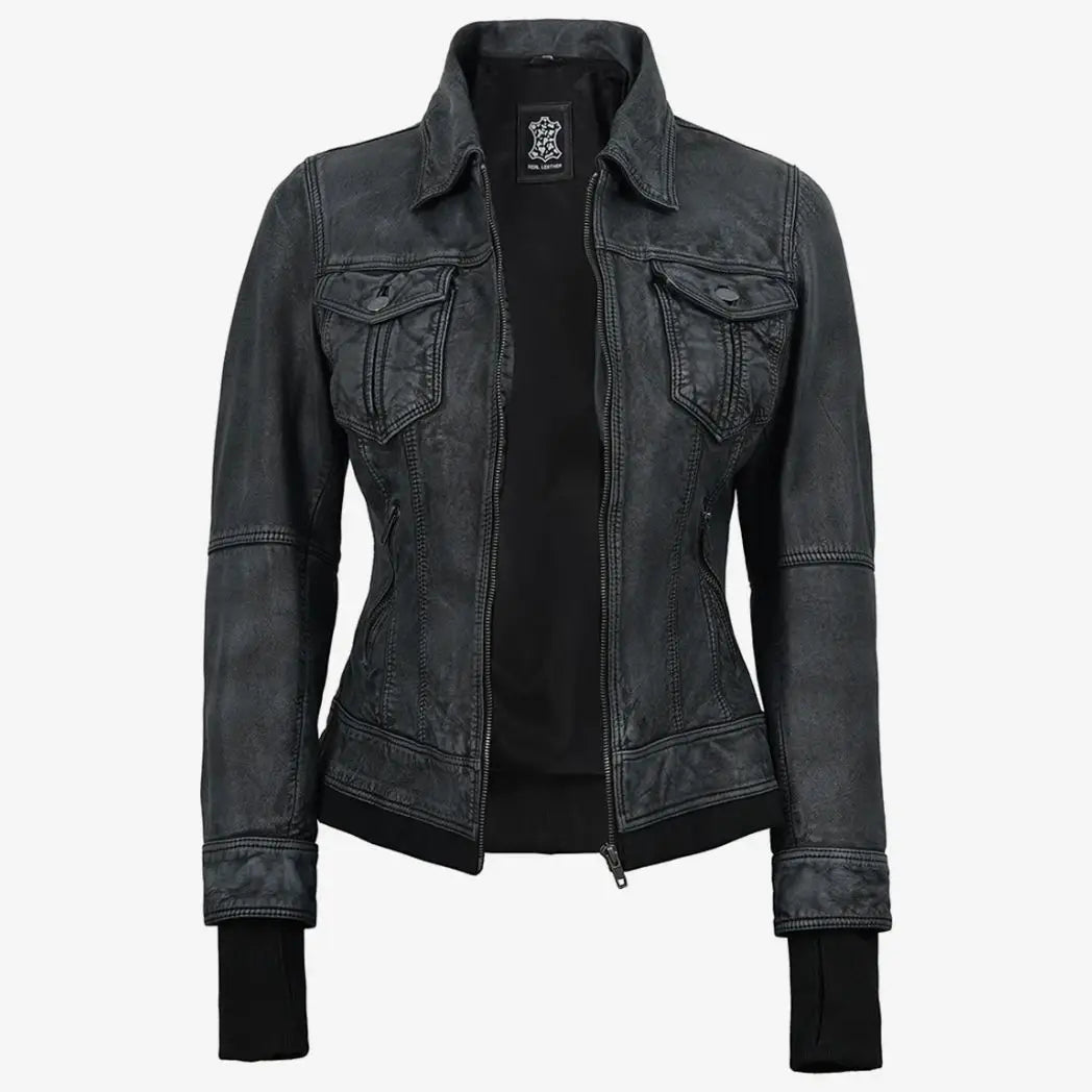 Sowachi Women's Black Washed Leather Jacket with Removable Hood