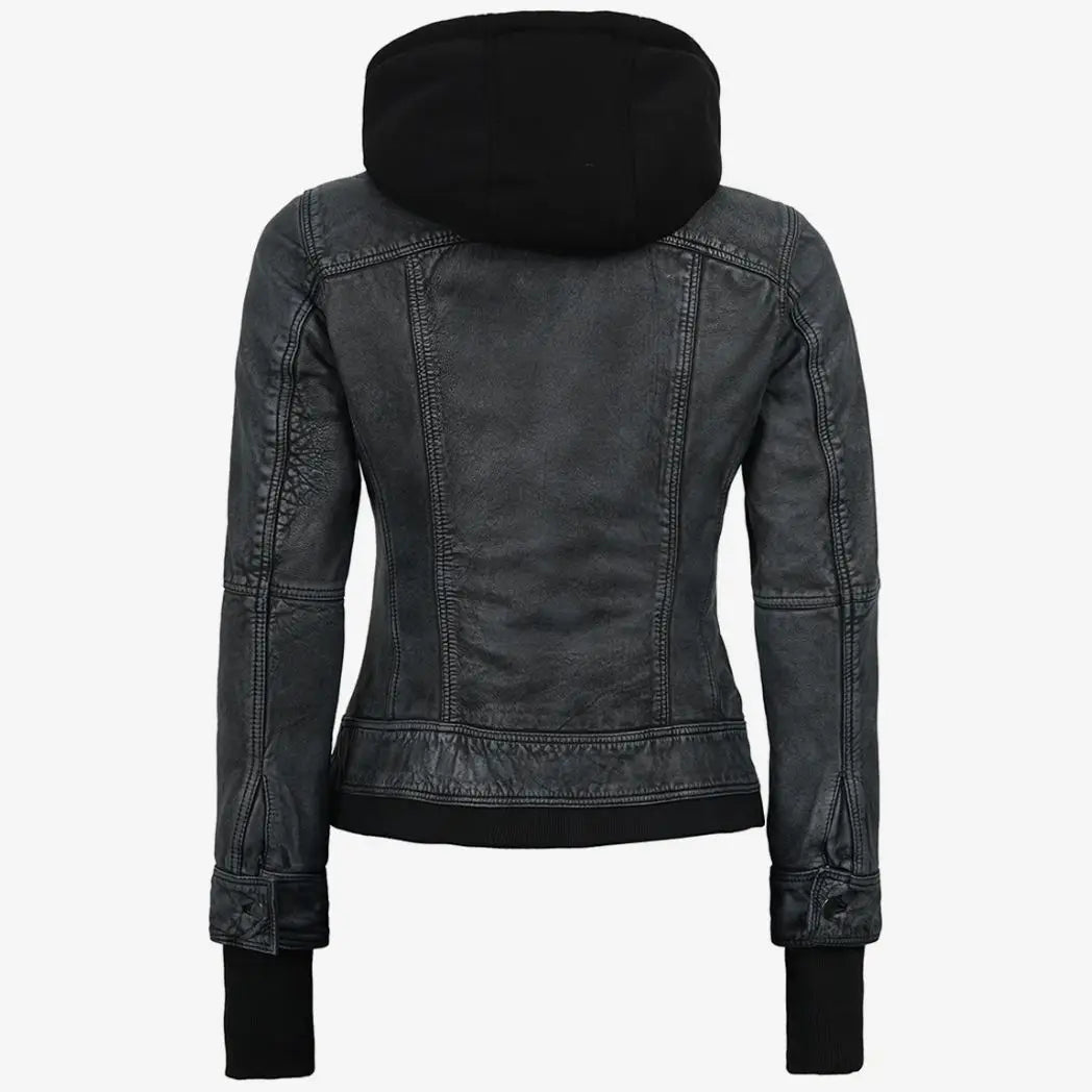 Sowachi Women's Black Washed Leather Jacket with Removable Hood