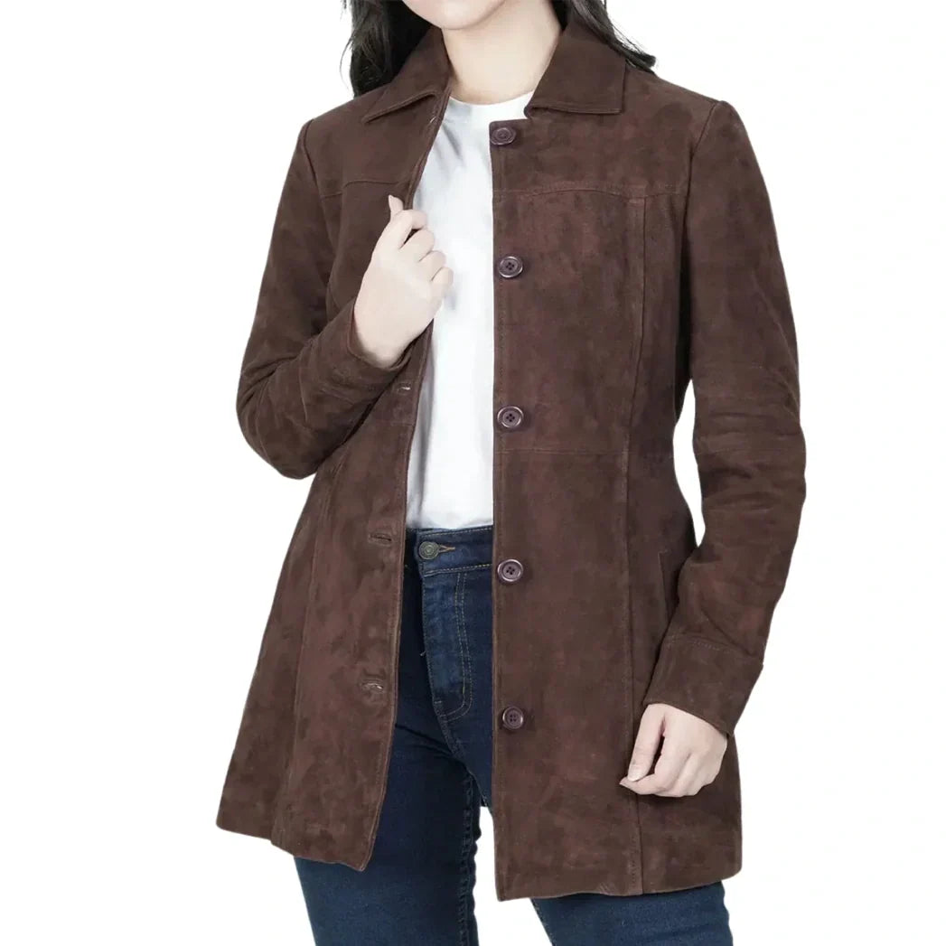 Sowachi Women's Brown Suede Button Down Coat