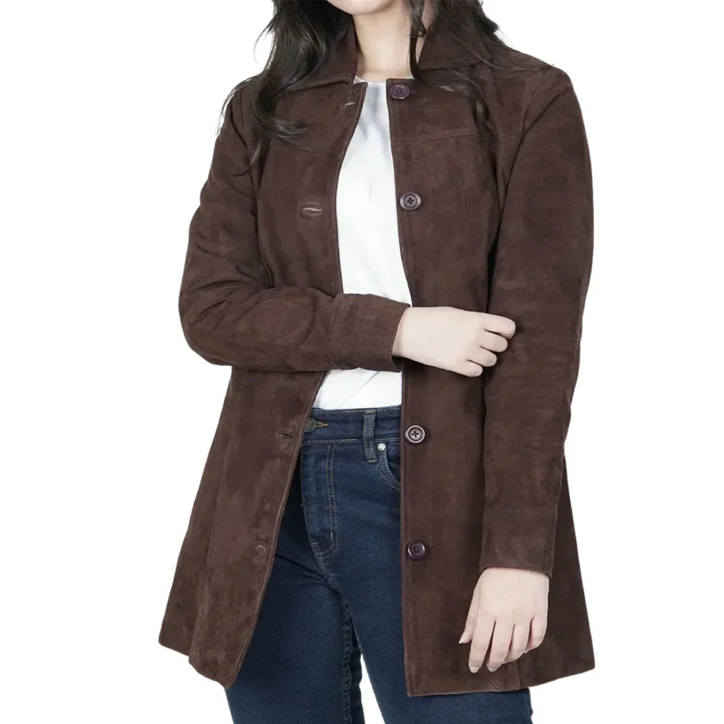 Sowachi Women's Brown Suede Button Down Coat