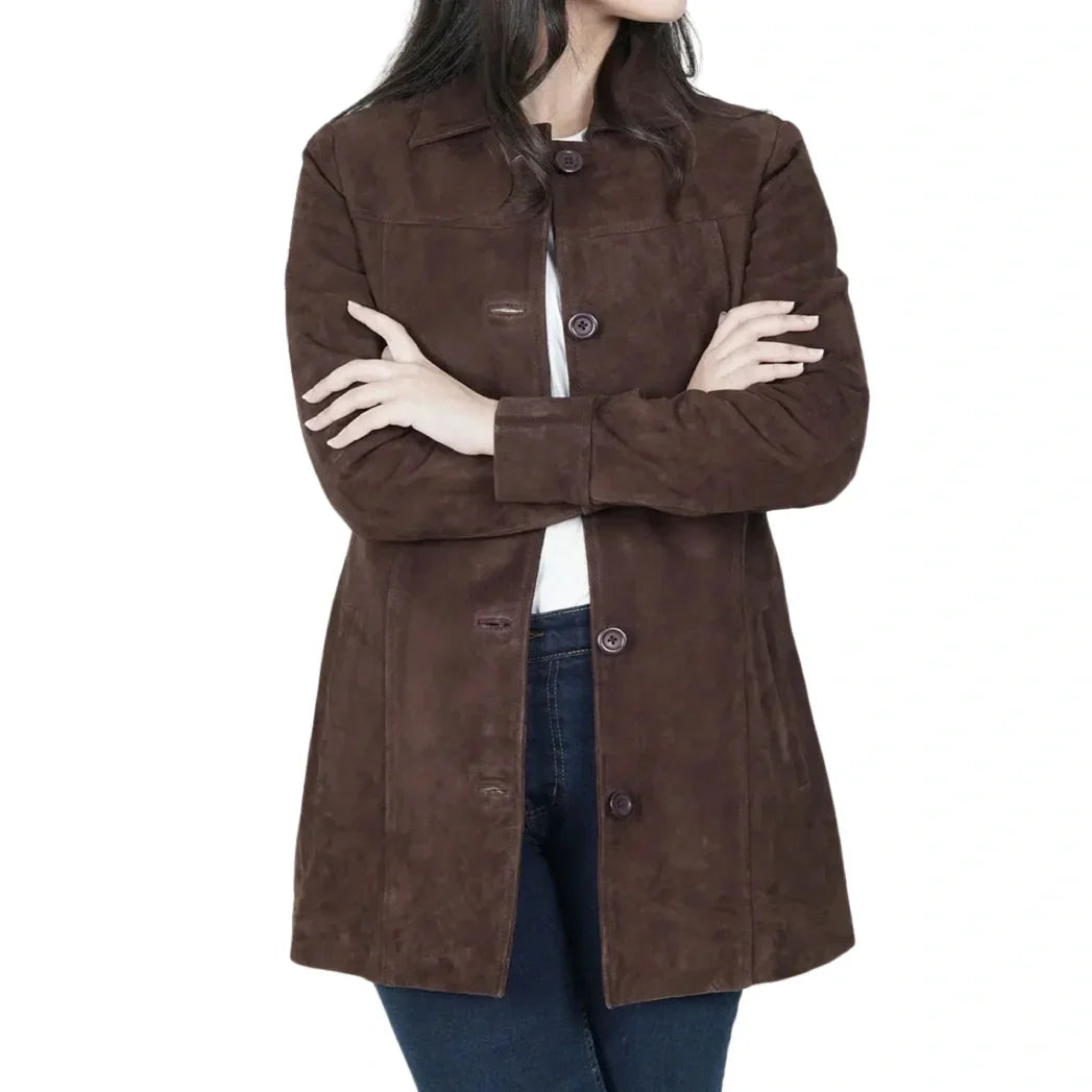 Sowachi Women's Brown Suede Button Down Coat