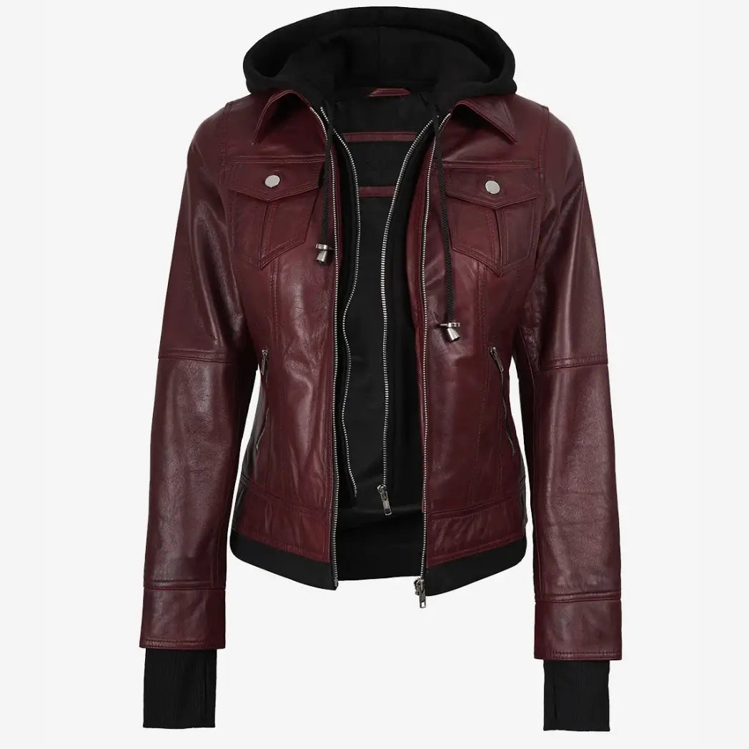 Sowachi Women's Burgundy Bomber Leather Jacket With Removable Hood