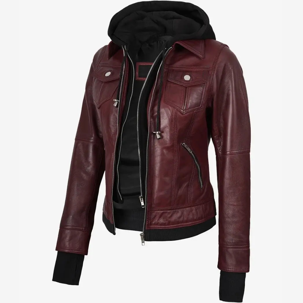 Sowachi Women's Burgundy Bomber Leather Jacket With Removable Hood