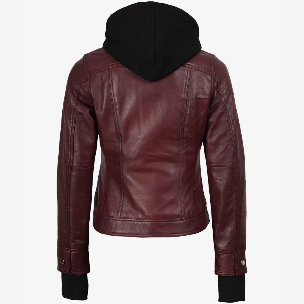 Sowachi Women's Burgundy Bomber Leather Jacket With Removable Hood