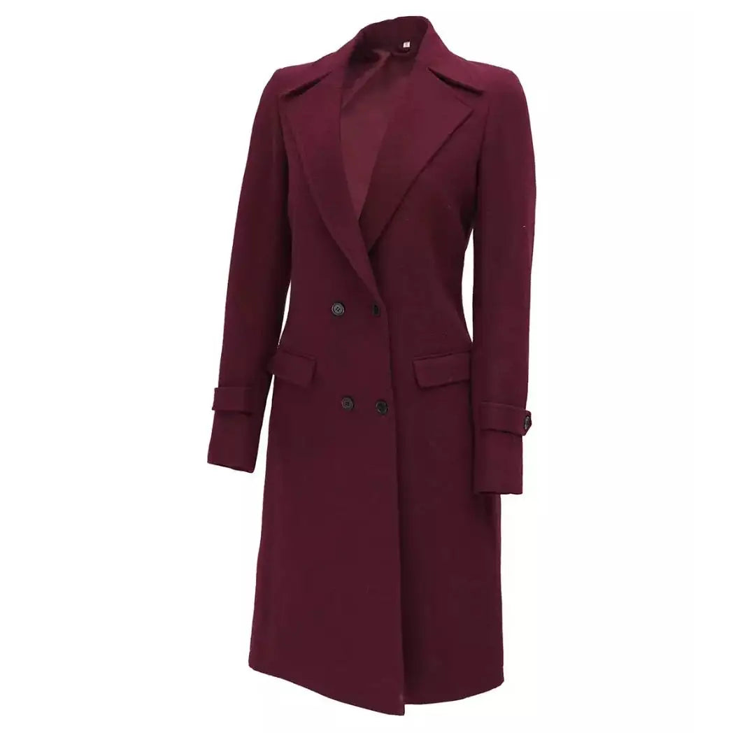 Sowachi Women's  Burgundy Double Breasted Wool Coat