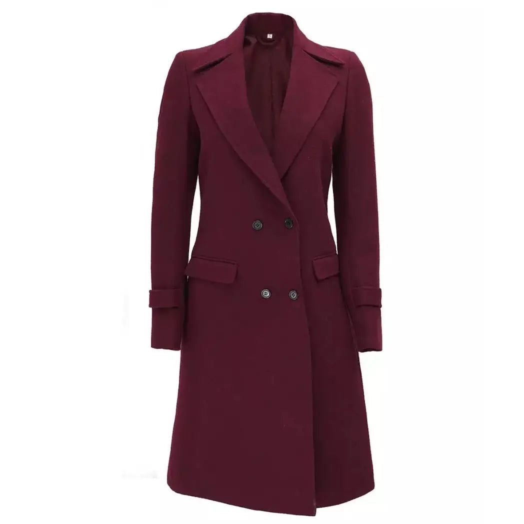 Sowachi Women's  Burgundy Double Breasted Wool Coat