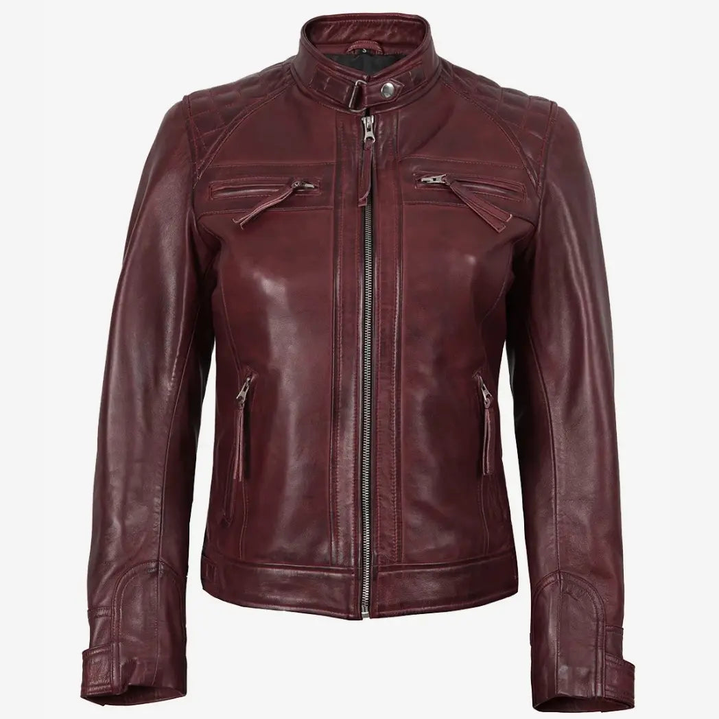 Sowachi Women's Burgundy Real Lambskin Leather Biker Style Jacket