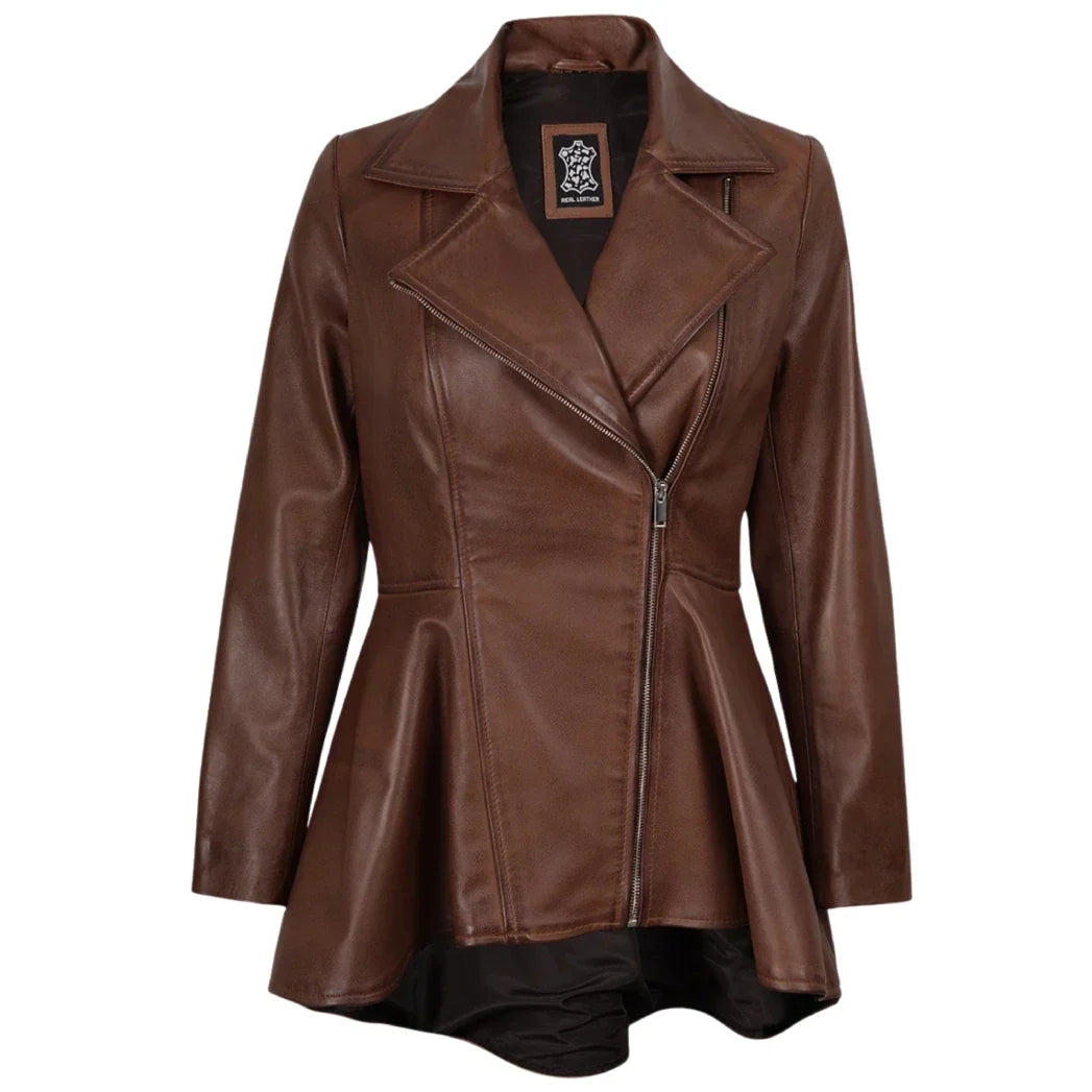 Sowachi Women's Cognac Peplum Leather Jacket with Asymmetrical Zip Closure