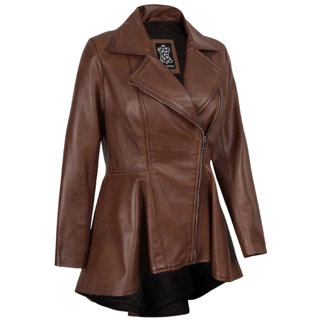 Sowachi Women's Cognac Peplum Leather Jacket with Asymmetrical Zip Closure