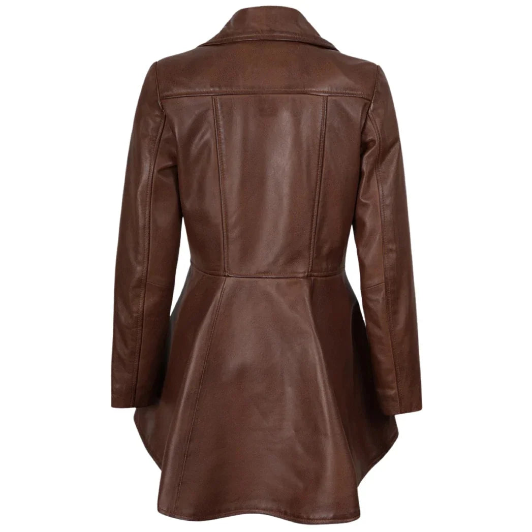 Sowachi Women's Cognac Peplum Leather Jacket with Asymmetrical Zip Closure