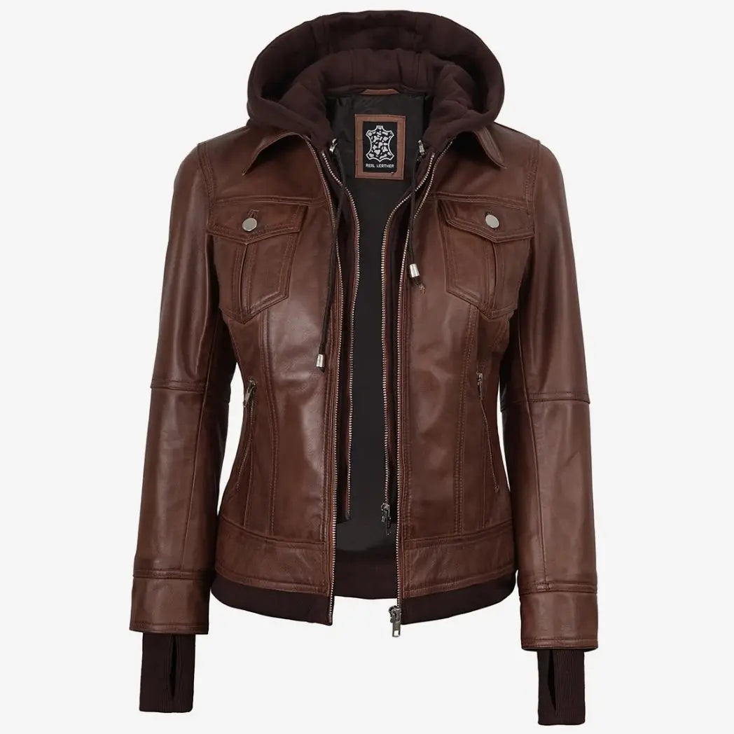 Women's Cognac Leather Bomber Jacket With Removable Hood