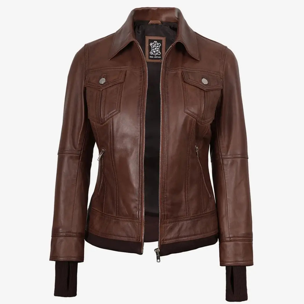 Women's Cognac Leather Bomber Jacket With Removable Hood