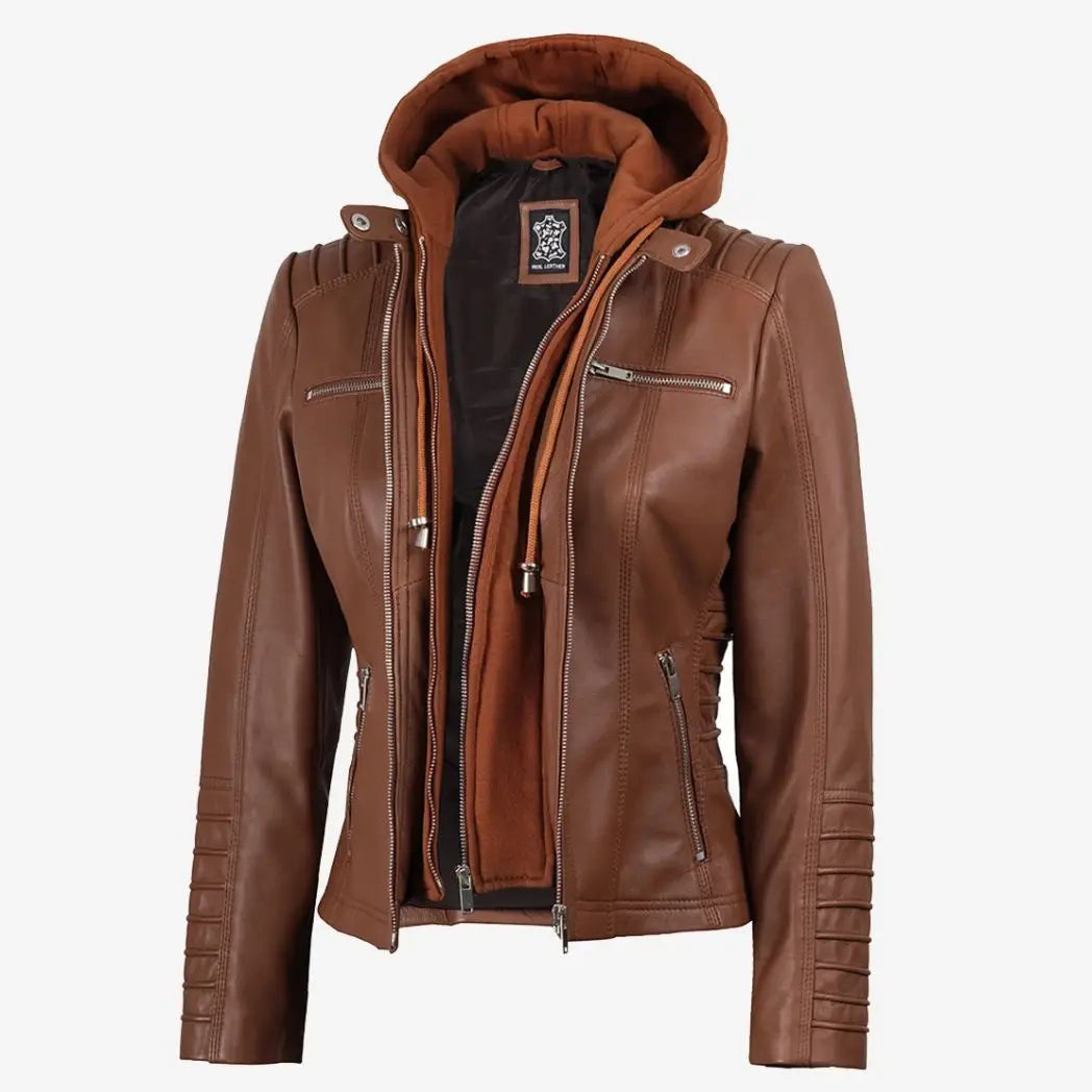 Sowachi Women's Cognac Real Lambskin Leather Jacket with Removable Hood
