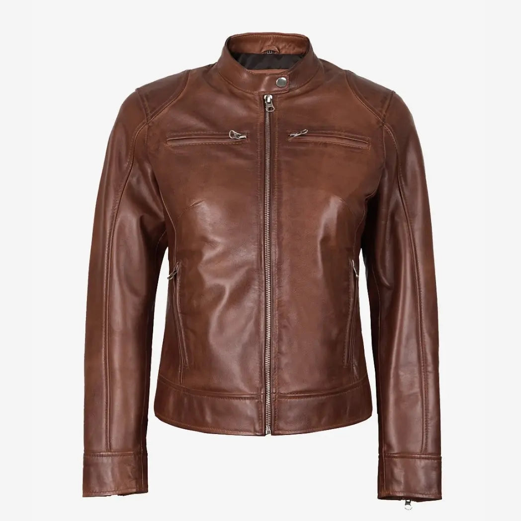 Sowachi Women's Cognac Waxed Real Leather Biker Style Jacket