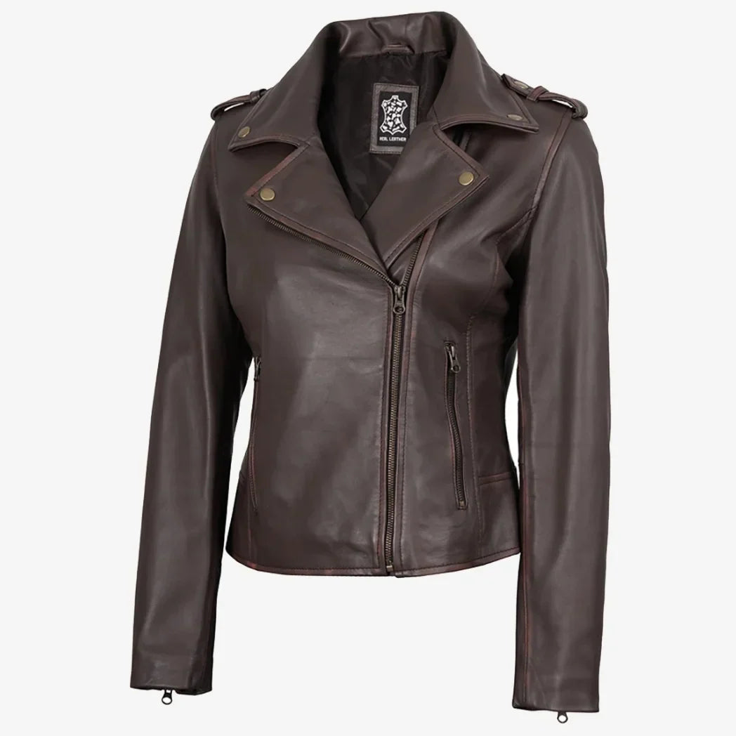Sowachi Women's Dark Brown Asymmetrical Biker Style Leather Jacket