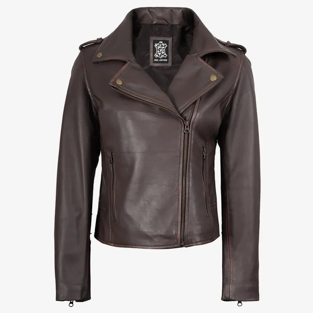 Sowachi Women's Dark Brown Asymmetrical Biker Style Leather Jacket