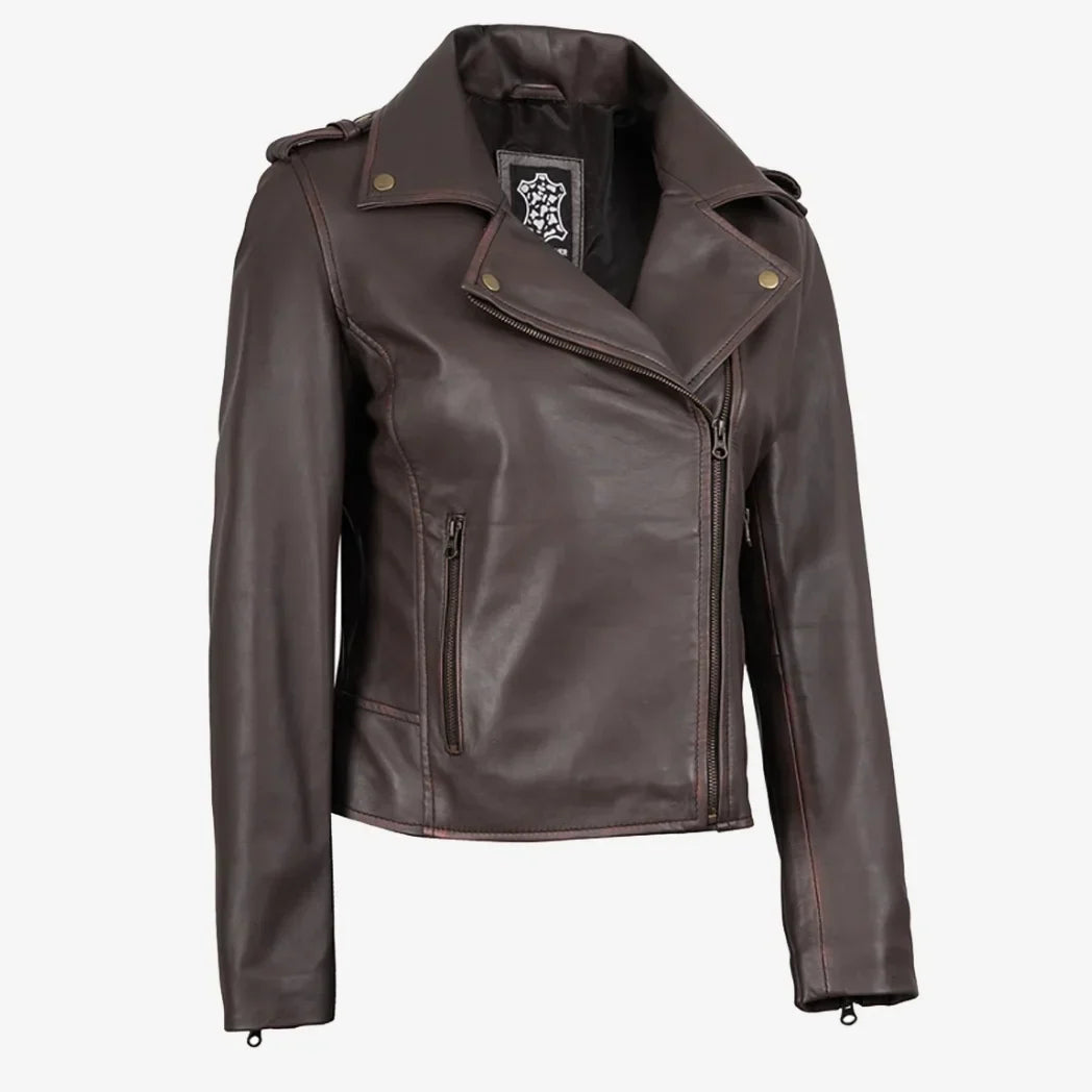 Sowachi Women's Dark Brown Asymmetrical Biker Style Leather Jacket