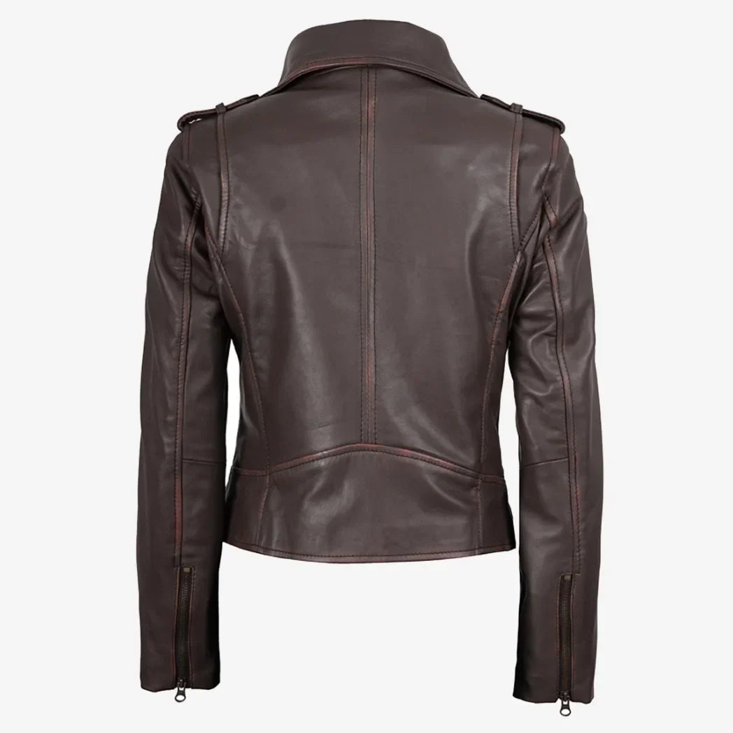 Sowachi Women's Dark Brown Asymmetrical Biker Style Leather Jacket