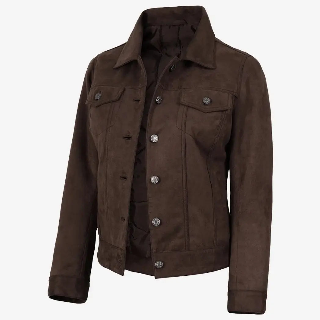 Sowachi Women's Dark Brown Faux Suede Trucker Jacket