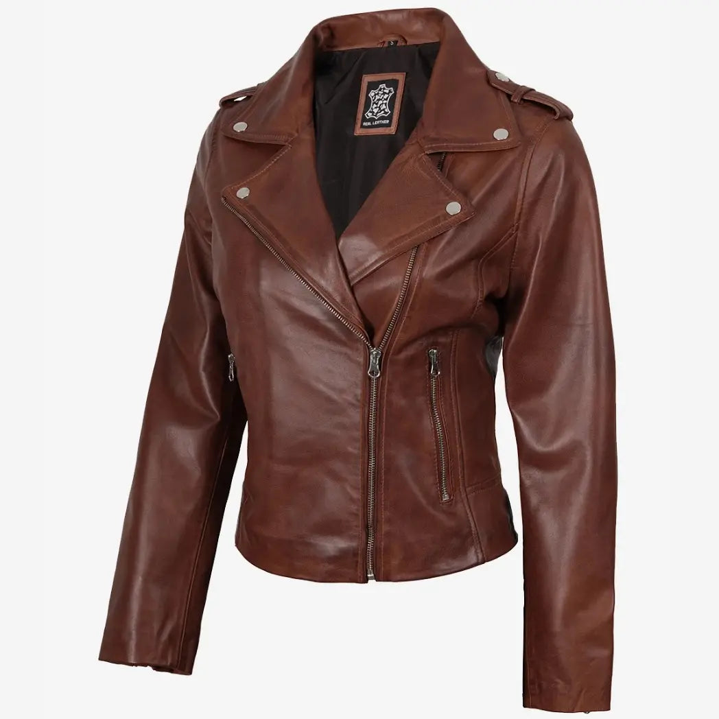 Sowachi Women's Distressed Asymmetrical Cognac Biker Style Leather Jacket