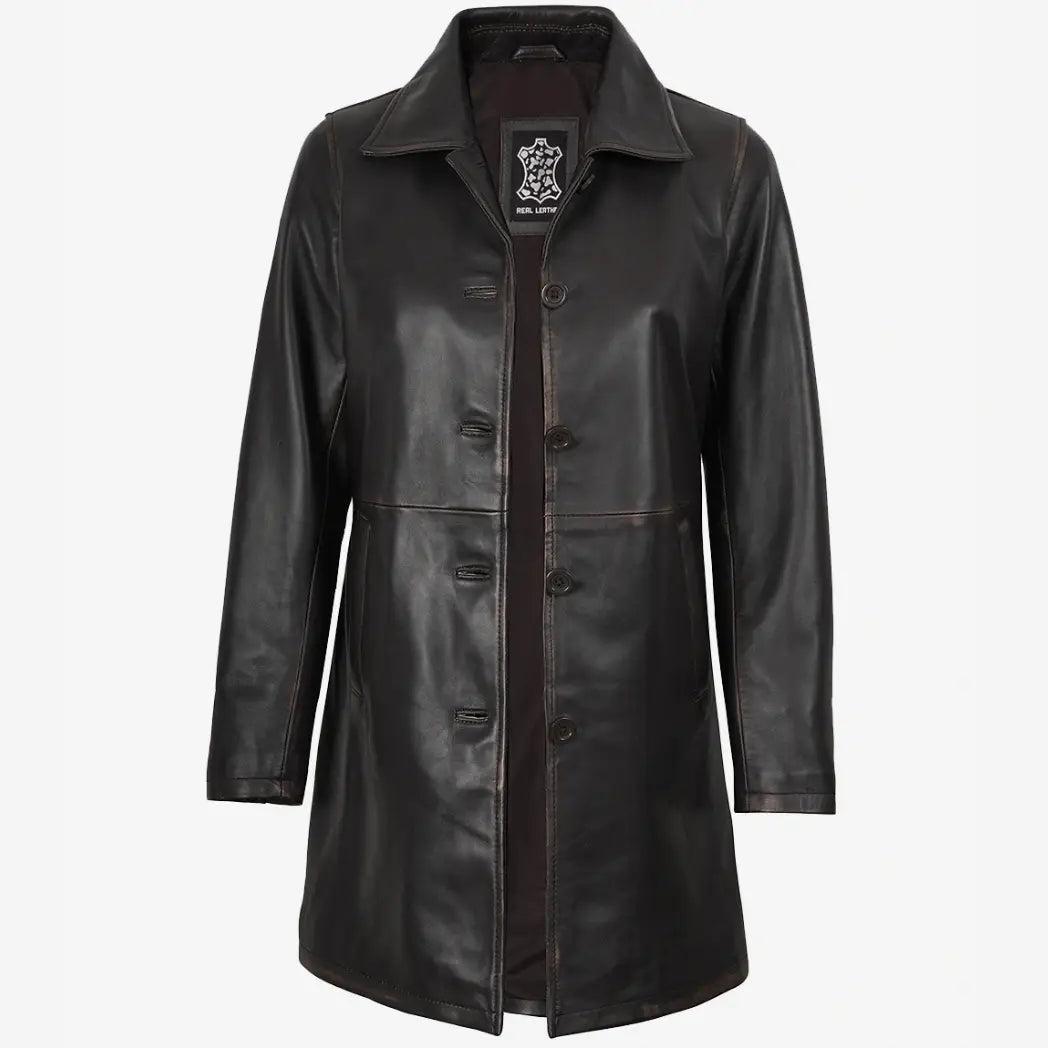 Sowachi Women's Distressed Brown 3/4 Length Lambskin Leather Coat