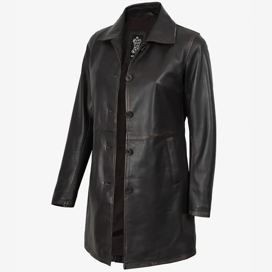 Sowachi Women's Distressed Brown 3/4 Length Lambskin Leather Coat