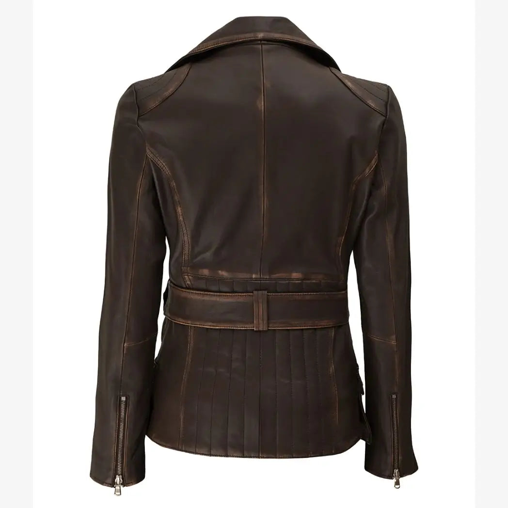 Sowachi Women's Distressed Brown Long Biker Style Real Leather Jacket
