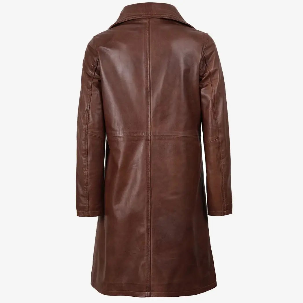 Sowachi Women's Mid Length Cognac Waxed Real Lambskin Leather Coat