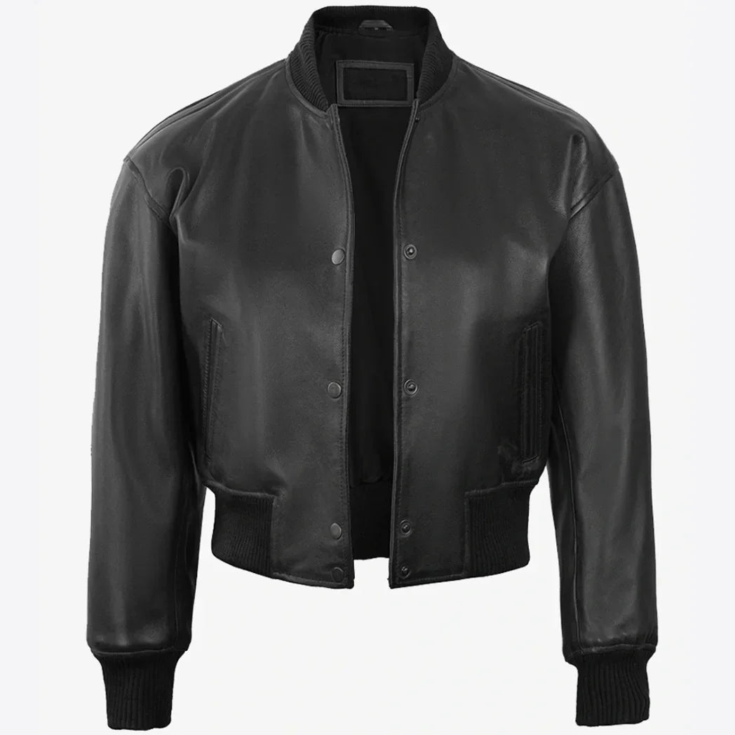 Sowachi Women's Drop Shoulder Black Cropped Style Bomber Leather Jacket