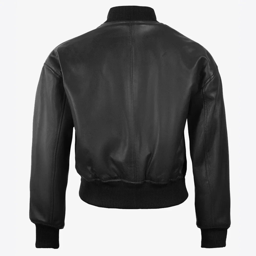 Sowachi Women's Drop Shoulder Black Cropped Style Bomber Leather Jacket
